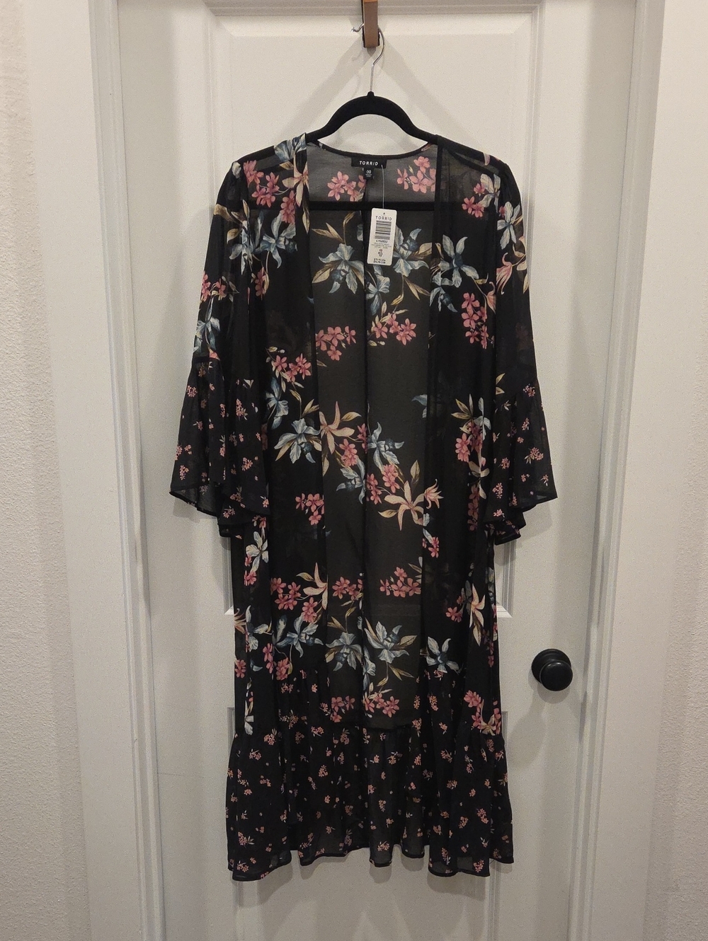 NEW torrid Black Floral Midi Kimono with Pink & Blue Blooms